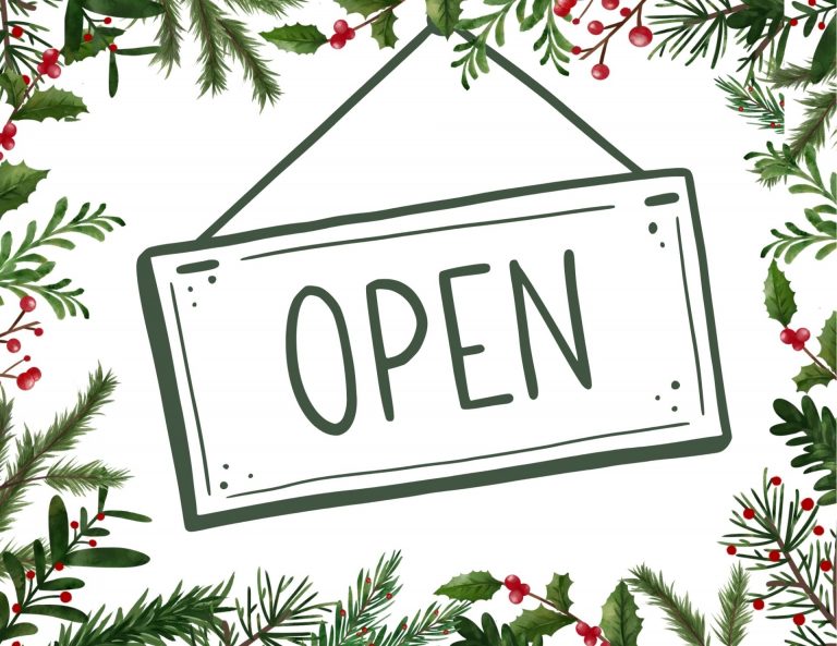 Open sign with a border of green winter leaves and red holly berries